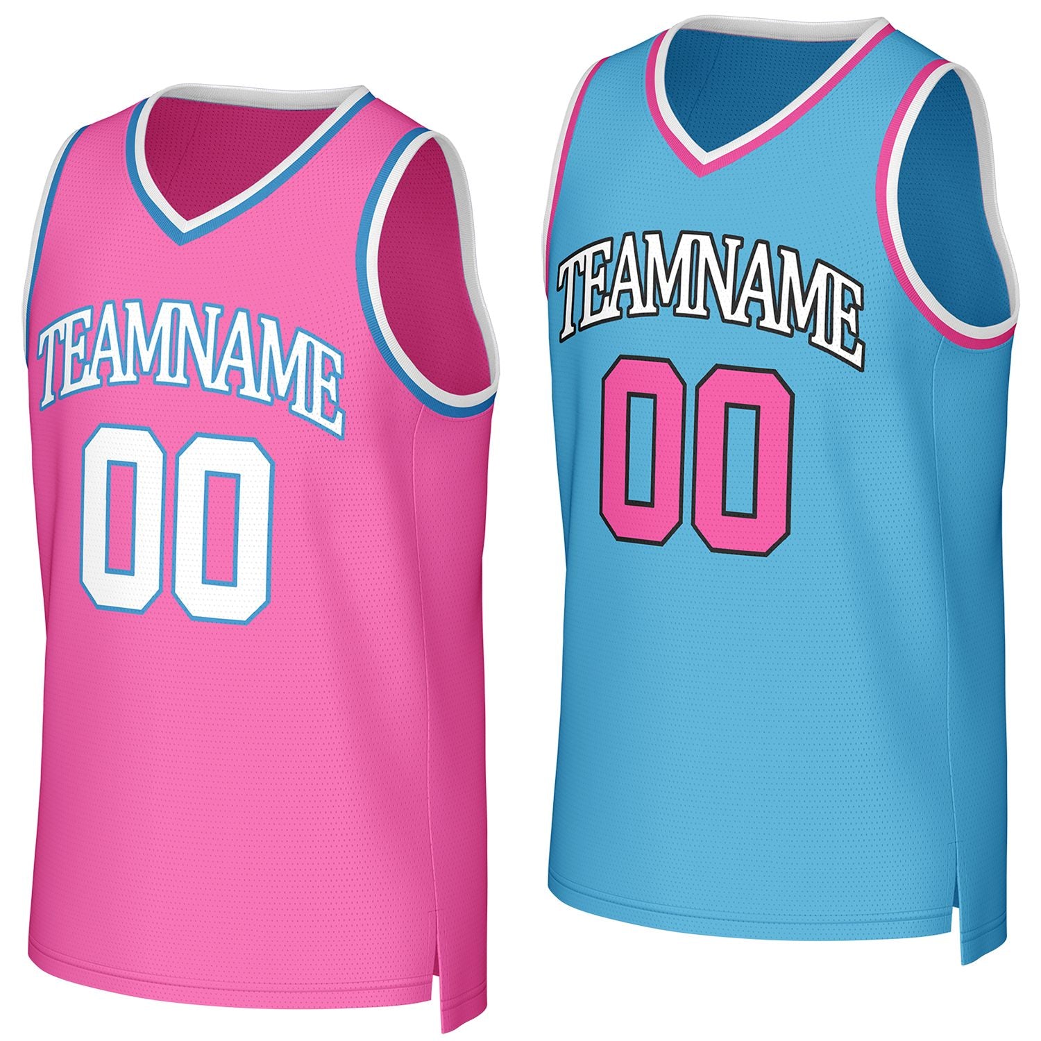 Custom pink & light blue reversible basketball jersey by Vosoli | Personalized team name & number sportswear