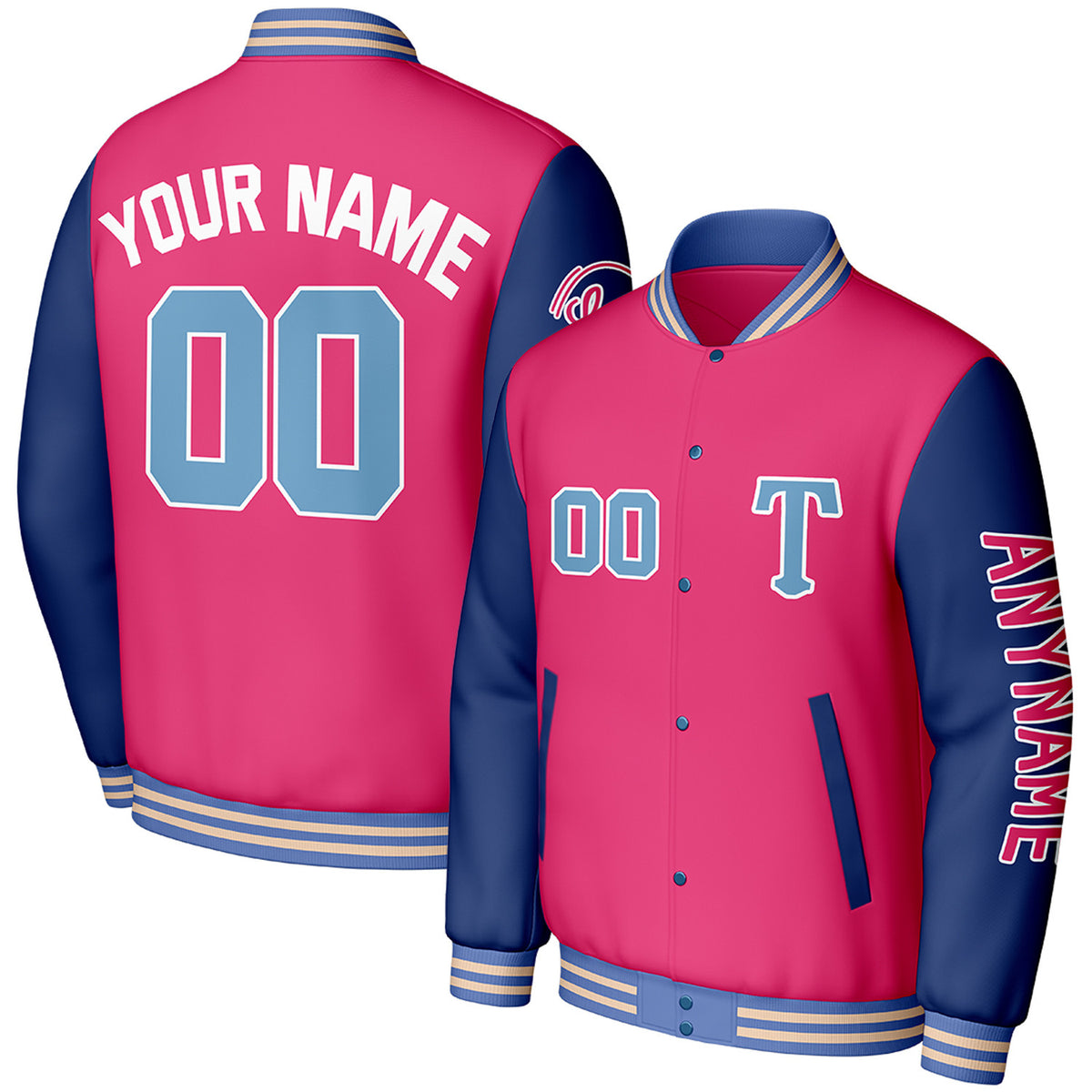 custom baseball jackets for tournaments by Vosoli, personalized stitched name, number &amp; logo, classic button up varsity letterman jacket for tournament team and casual wear