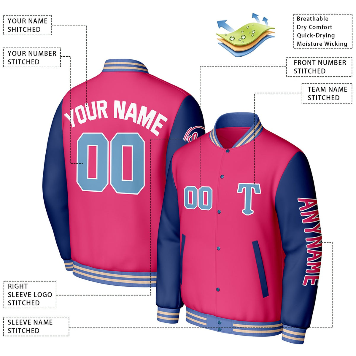 Custom Pink & Navy Varsity Baseball Jacket | Personalized Letterman Baseball Bomber for Adult & Youth