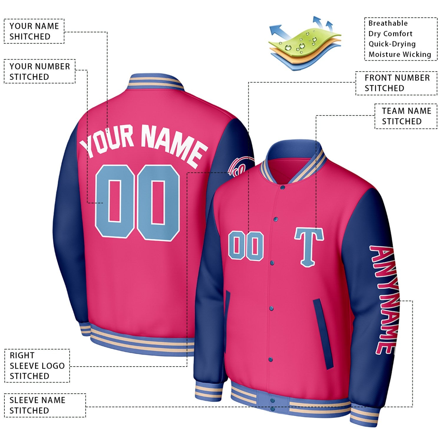 Custom Pink & Navy Varsity Baseball Jacket | Personalized Letterman Baseball Bomber for Adult & Youth