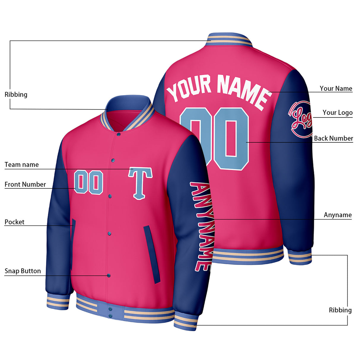 Custom Pink & Navy Varsity Baseball Jacket | Personalized Letterman Baseball Bomber for Adult & Youth