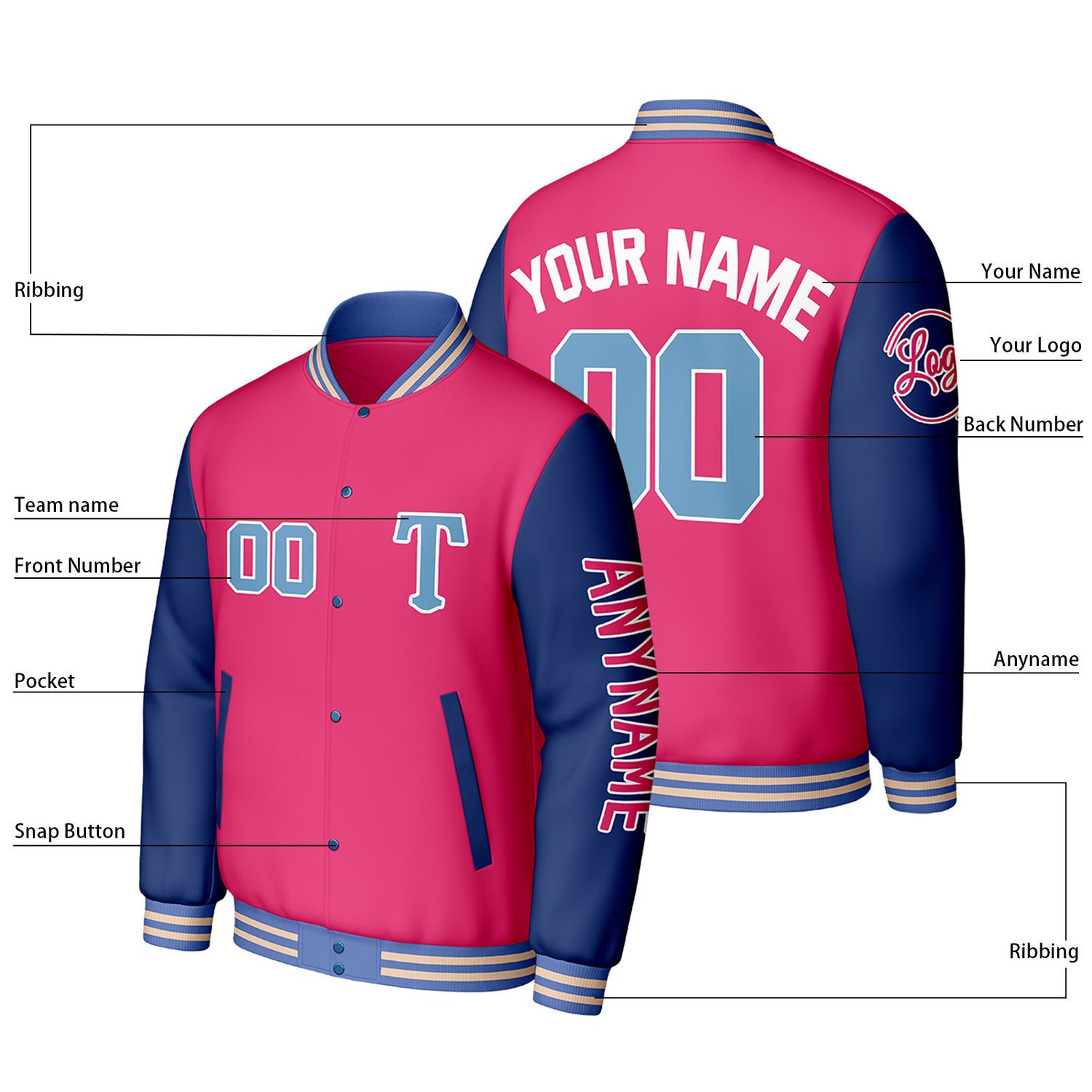 Custom Pink & Navy Varsity Baseball Jacket | Personalized Letterman Baseball Bomber for Adult & Youth