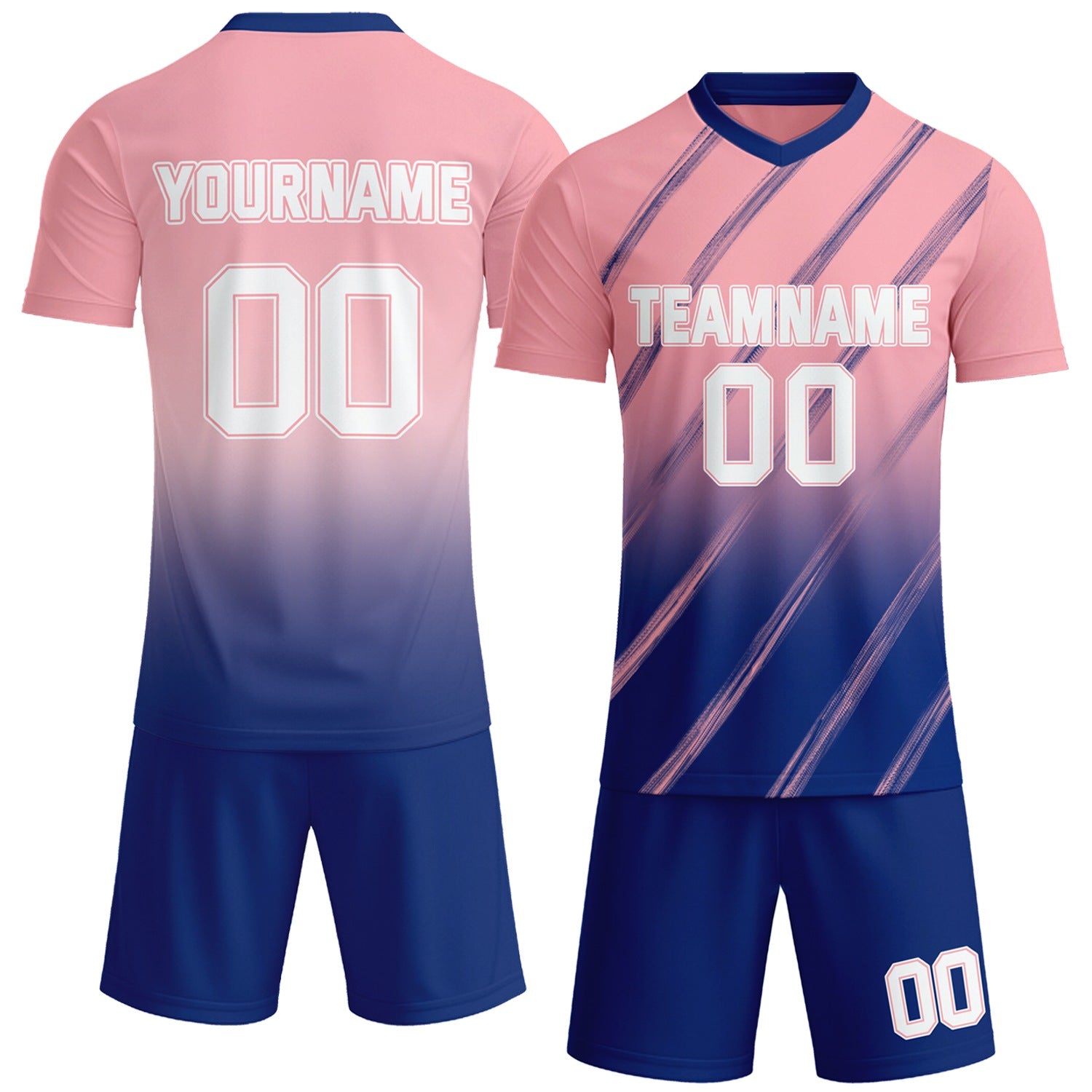 Custom pink & navy blue gradient soccer jersey set, personalized name number team logo, short-sleeve jersey with matching shorts sports uniform for men women youth adult game practice - Vosoli