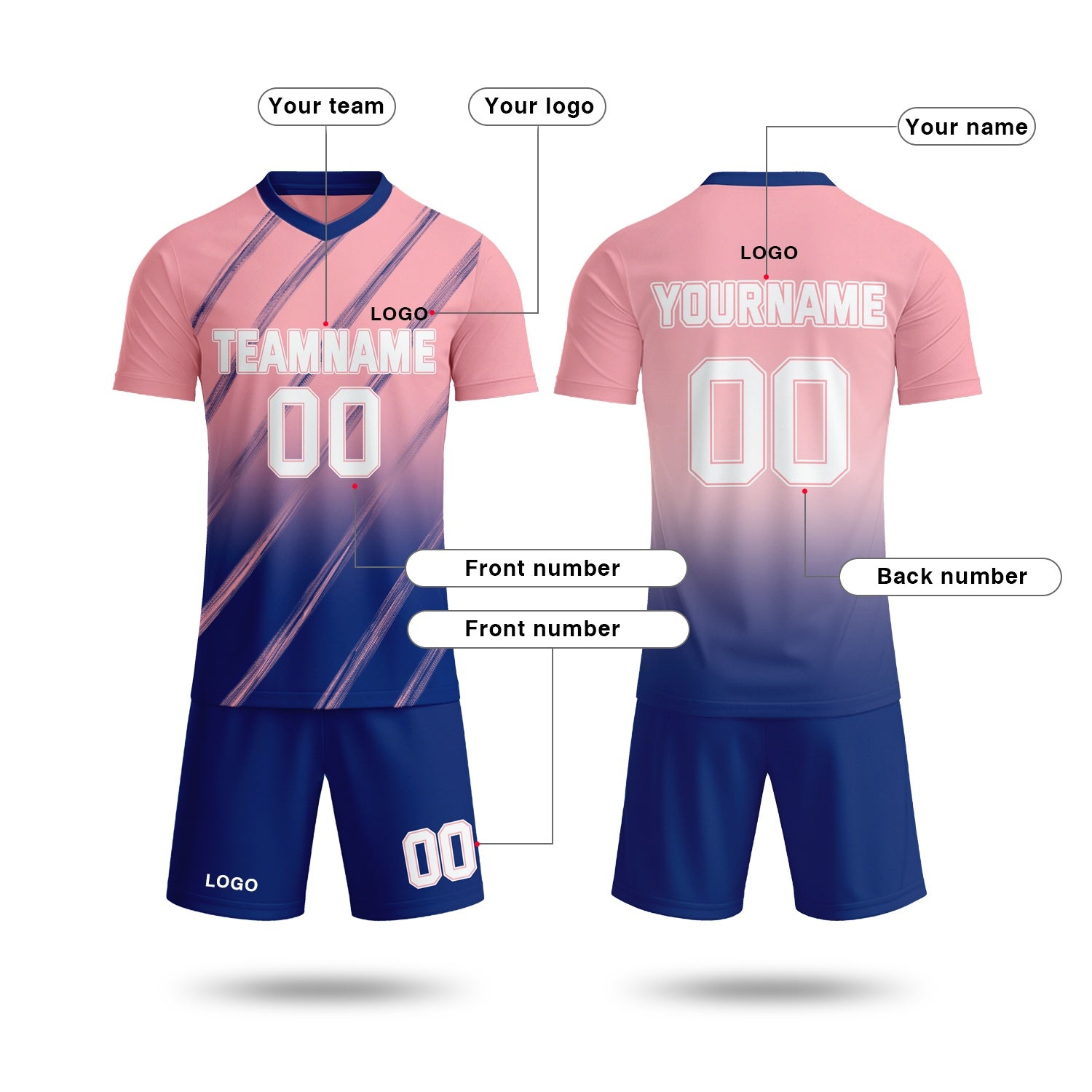 Custom pink & navy blue gradient soccer jersey set, personalized name number team logo, short-sleeve jersey with matching shorts sports uniform for men women youth adult game practice - Vosoli