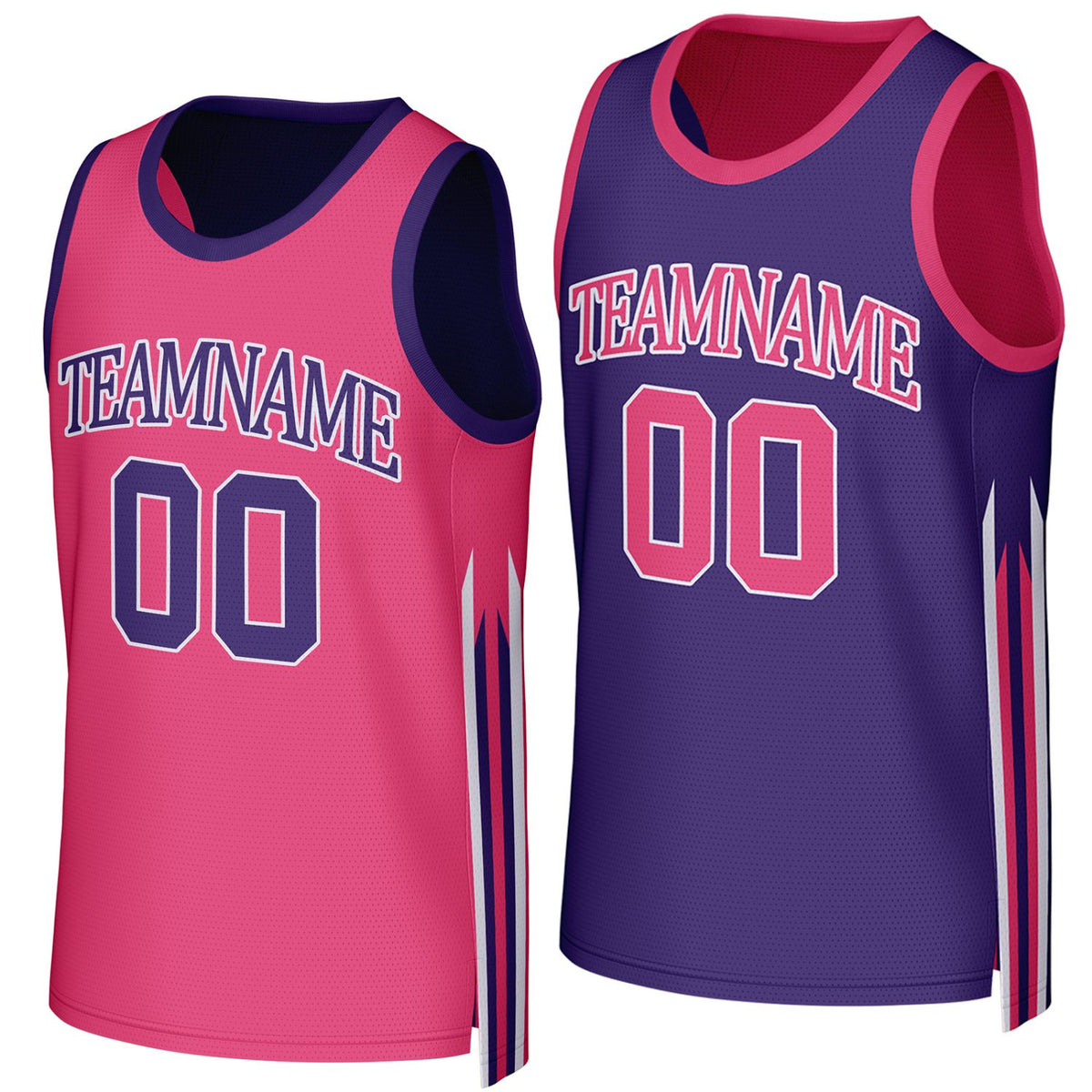 Custom pink & purple reversible basketball jersey by Vosoli. Personalized with team name, player name, number, and logo on both sides. Breathable mesh 2-in-1 jersey for high school, college, AAU teams.