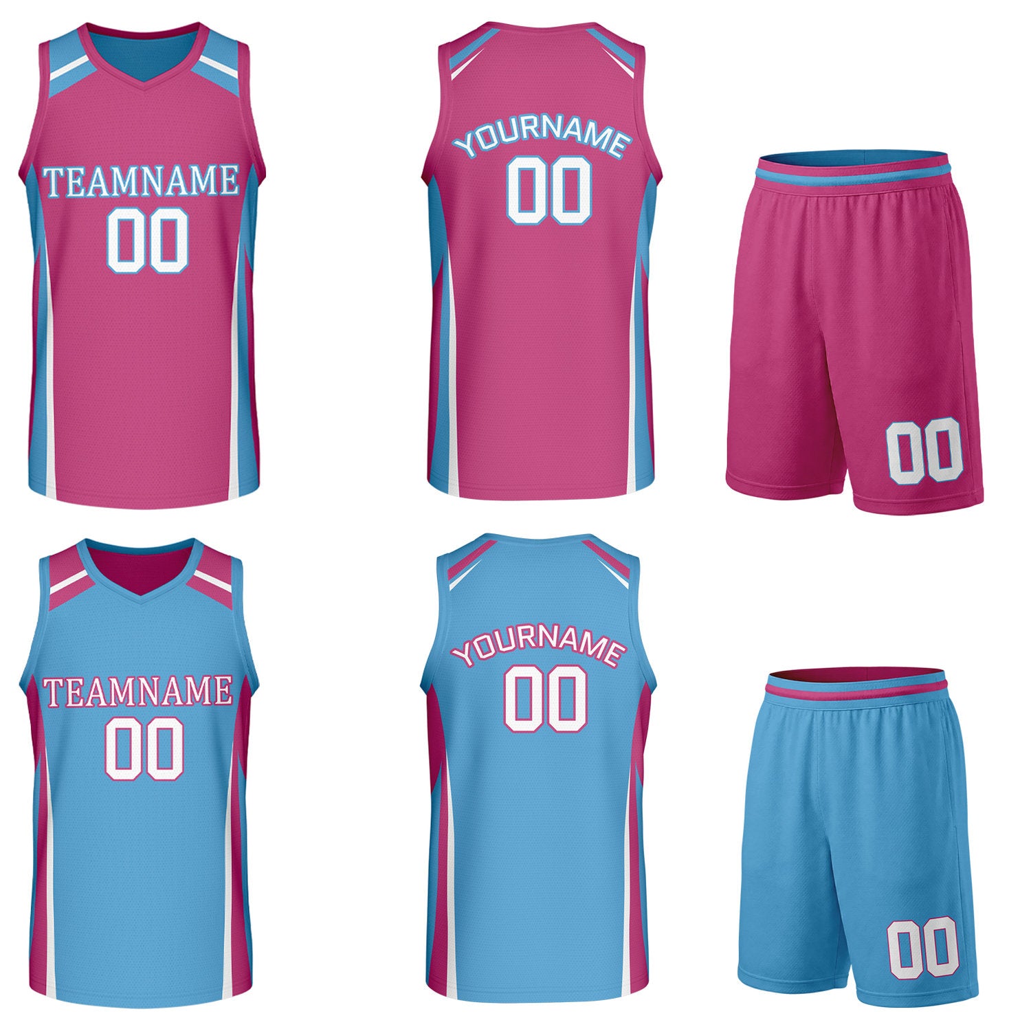 Custom pink and sky blue reversible basketball uniform by Vosoli. Personalized with team name, number, and logo. Breathable mesh jersey and shorts for high school, college, and AAU teams.