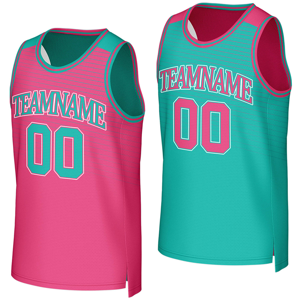 Custom pink & teal reversible basketball jersey by Vosoli. Personalized with team name, player name, number, and logo on both sides. Breathable mesh 2-in-1 jersey for high school, college, AAU teams.