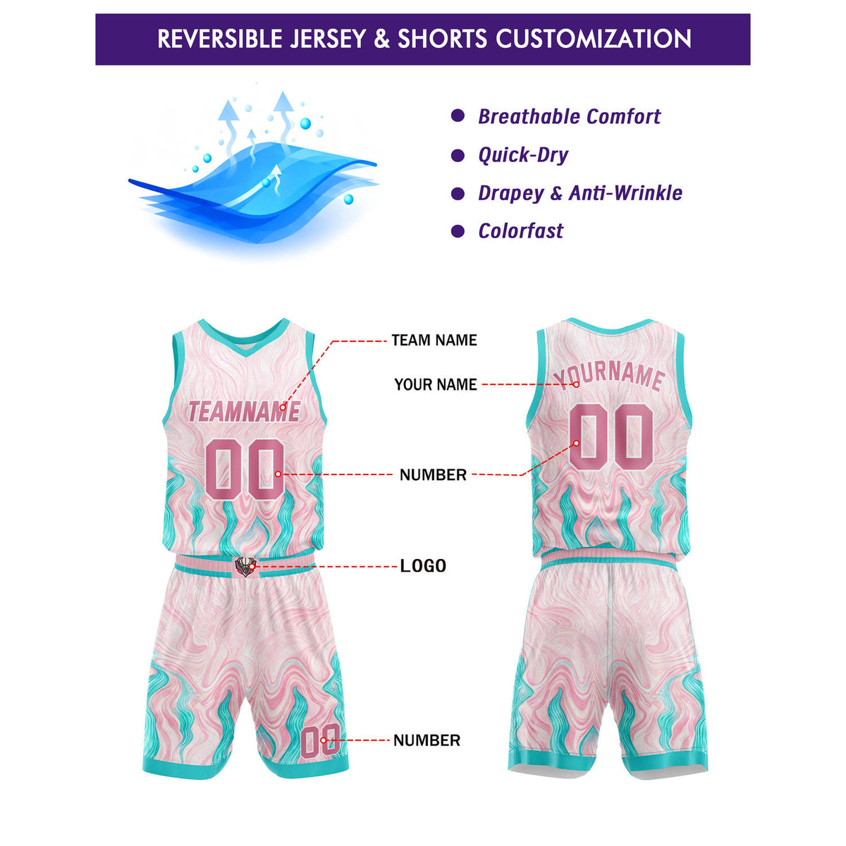 Custom Pink & Teal Marble Basketball Uniform | Personalized Team Kit - Vosoli