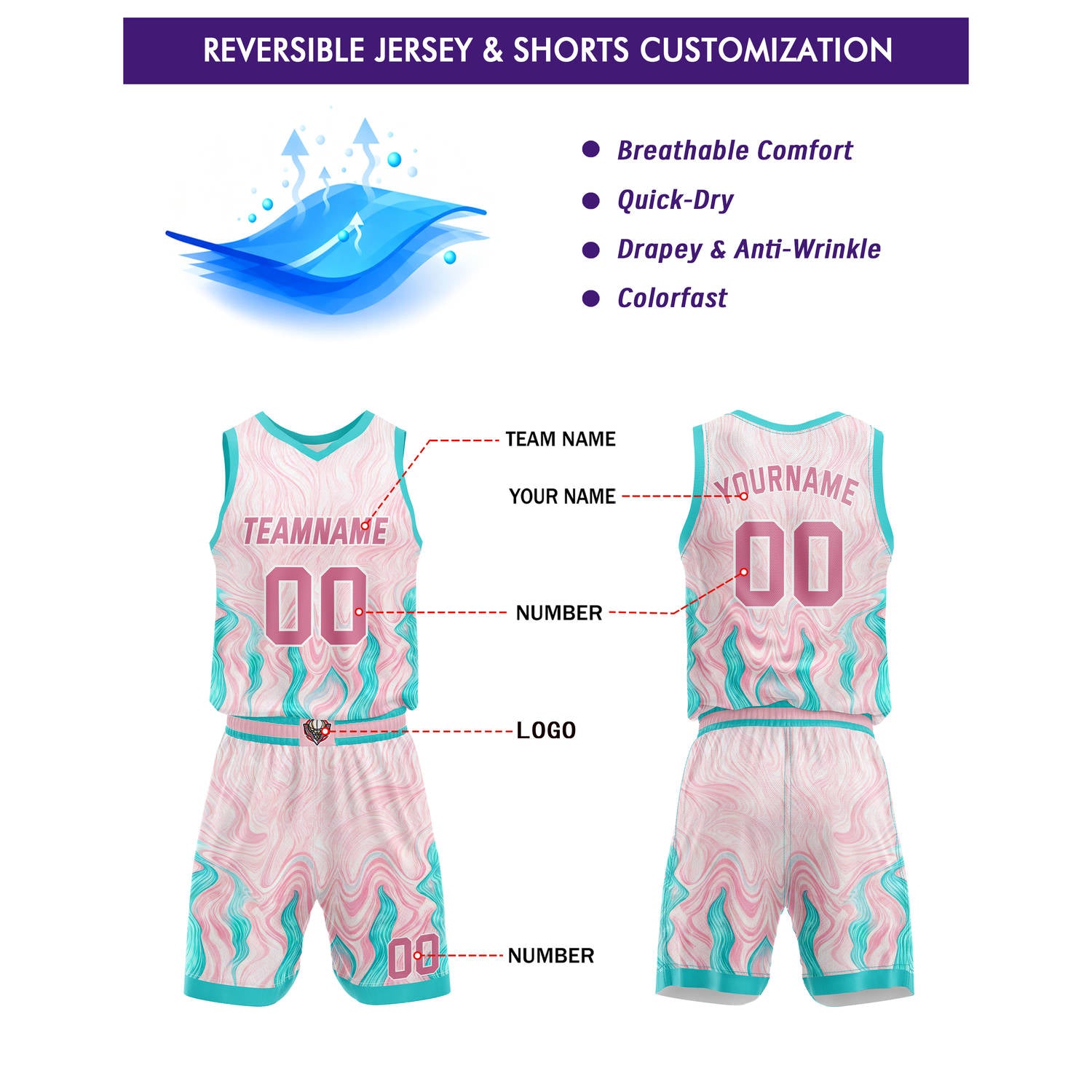 Custom Pink & Teal Marble Basketball Uniform | Personalized Team Kit - Vosoli