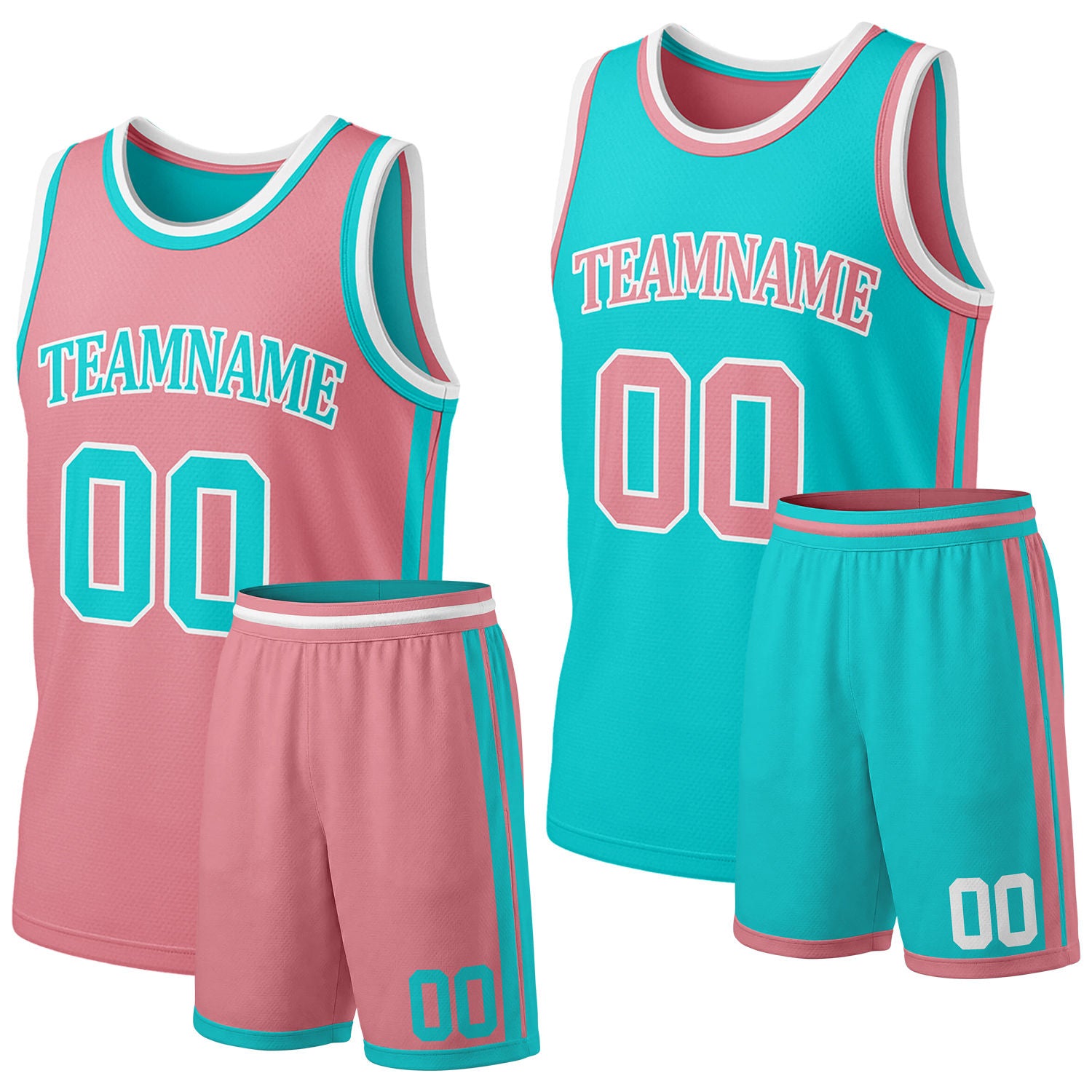 Custom pink & teal reversible basketball jersey shorts set by Vosoli | Personalized team name & number full team uniform sportswear