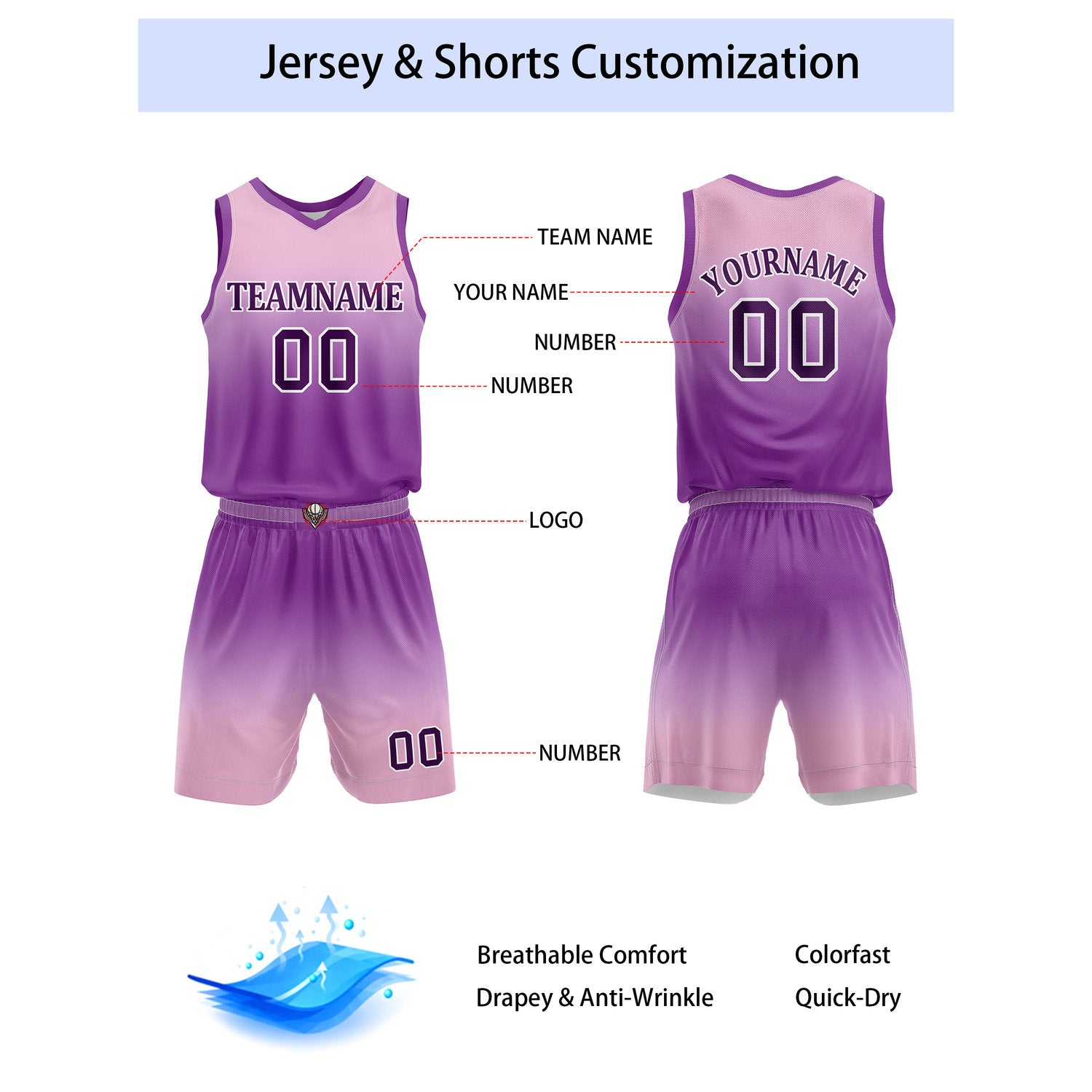 Custom Pink & Purple Gradient Basketball Jersey + Shorts Set - Personalized Team Name, Number & LOGO | Vosoli
