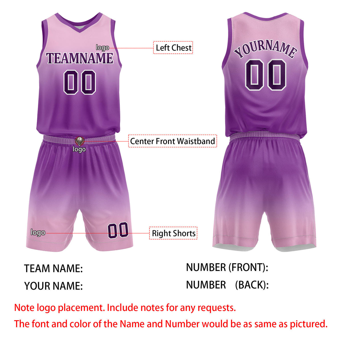 Custom Pink & Purple Gradient Basketball Jersey + Shorts Set - Personalized Team Name, Number & LOGO | Vosoli