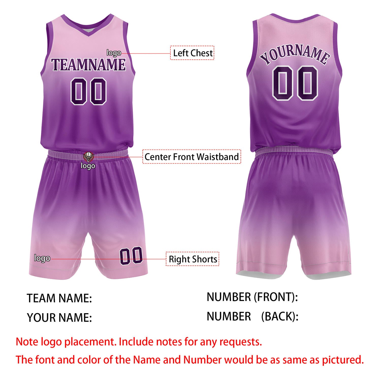 Custom Pink & Purple Gradient Basketball Jersey + Shorts Set - Personalized Team Name, Number & LOGO | Vosoli