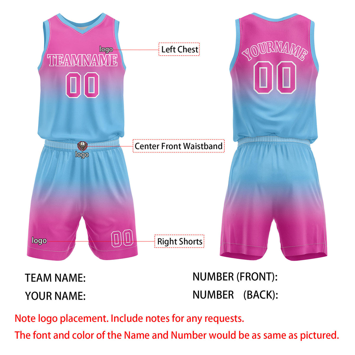 Custom Pink & Turquoise Gradient Basketball Jersey + Shorts Set - Personalized Team Name, Number | Vosoli