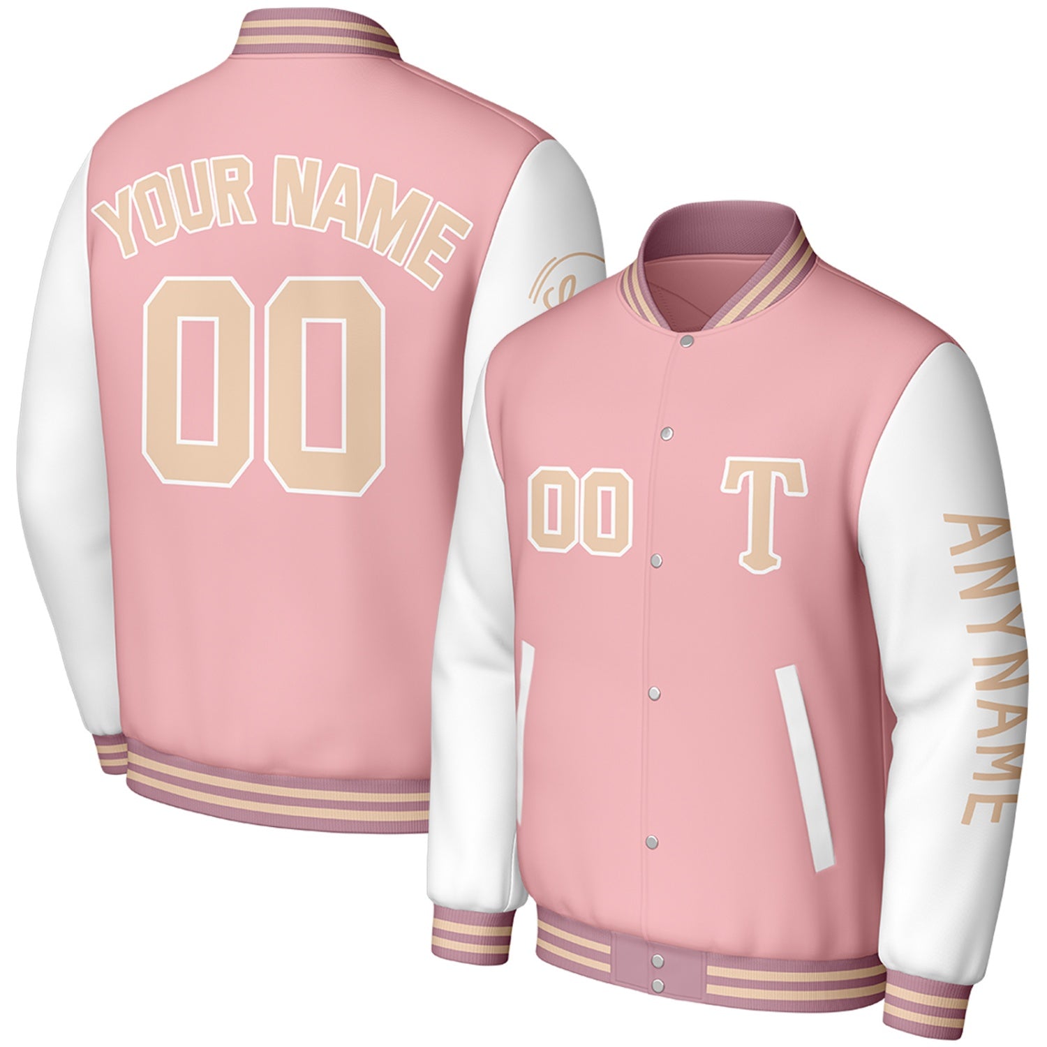 custom pink white baseball club team jackets by Vosoli, personalized stitched name, number & logo, classic button up varsity letterman jacket for baseball club team and casual wear
