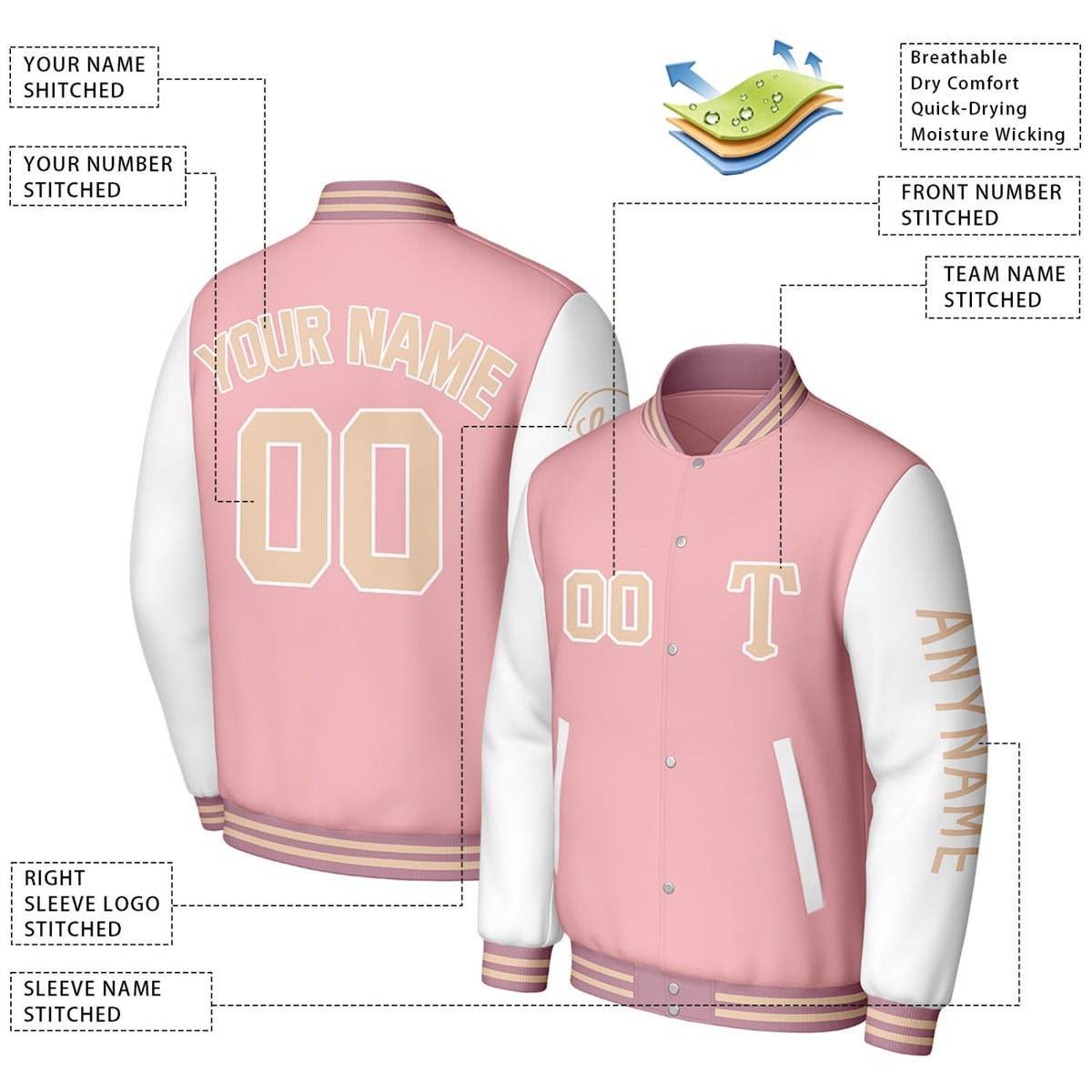 Custom Pink & White Varsity Baseball Jacket | Personalized Letterman Baseball Bomber for Adult & Youth