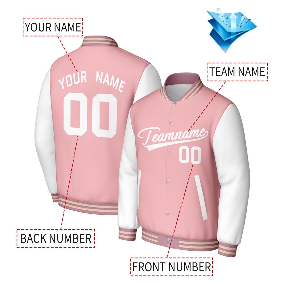 Custom Pink & White Varsity Baseball Jacket | Personalized Jacket with Stitched Name & Number for Adult & Youth