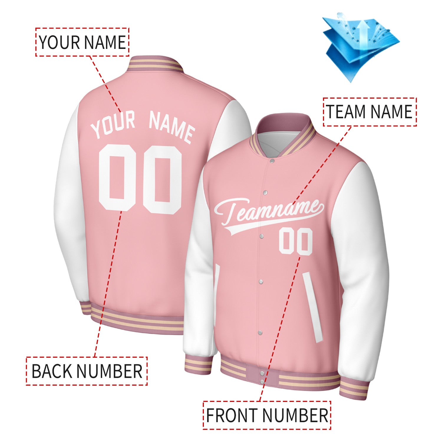 Custom Pink & White Varsity Baseball Jacket | Personalized Jacket with Stitched Name & Number for Adult & Youth