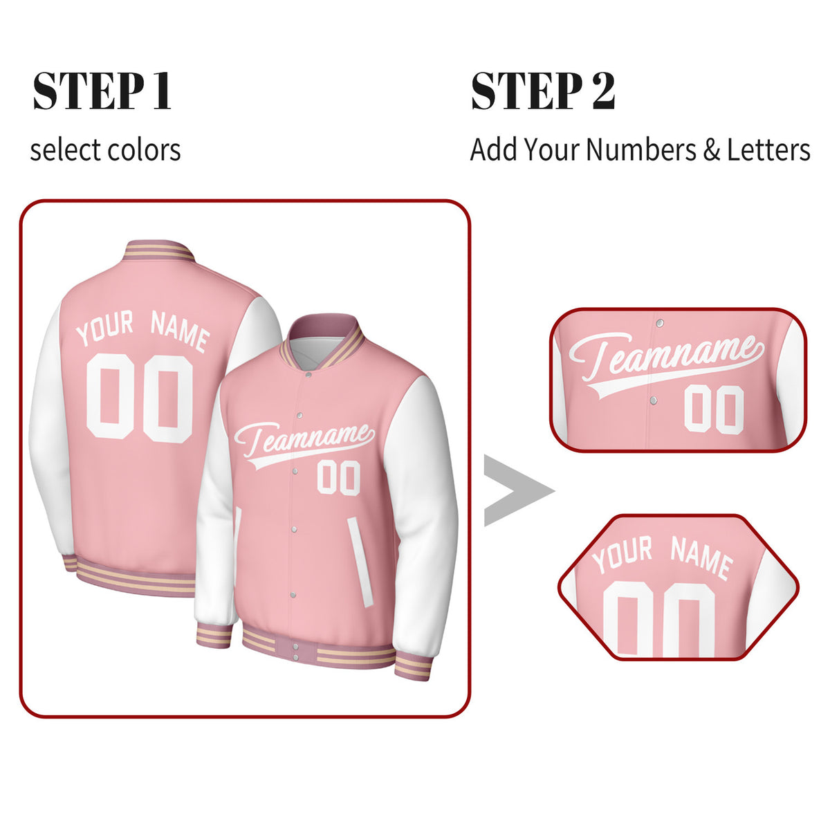 Custom Pink & White Varsity Baseball Jacket | Personalized Jacket with Stitched Name & Number for Adult & Youth