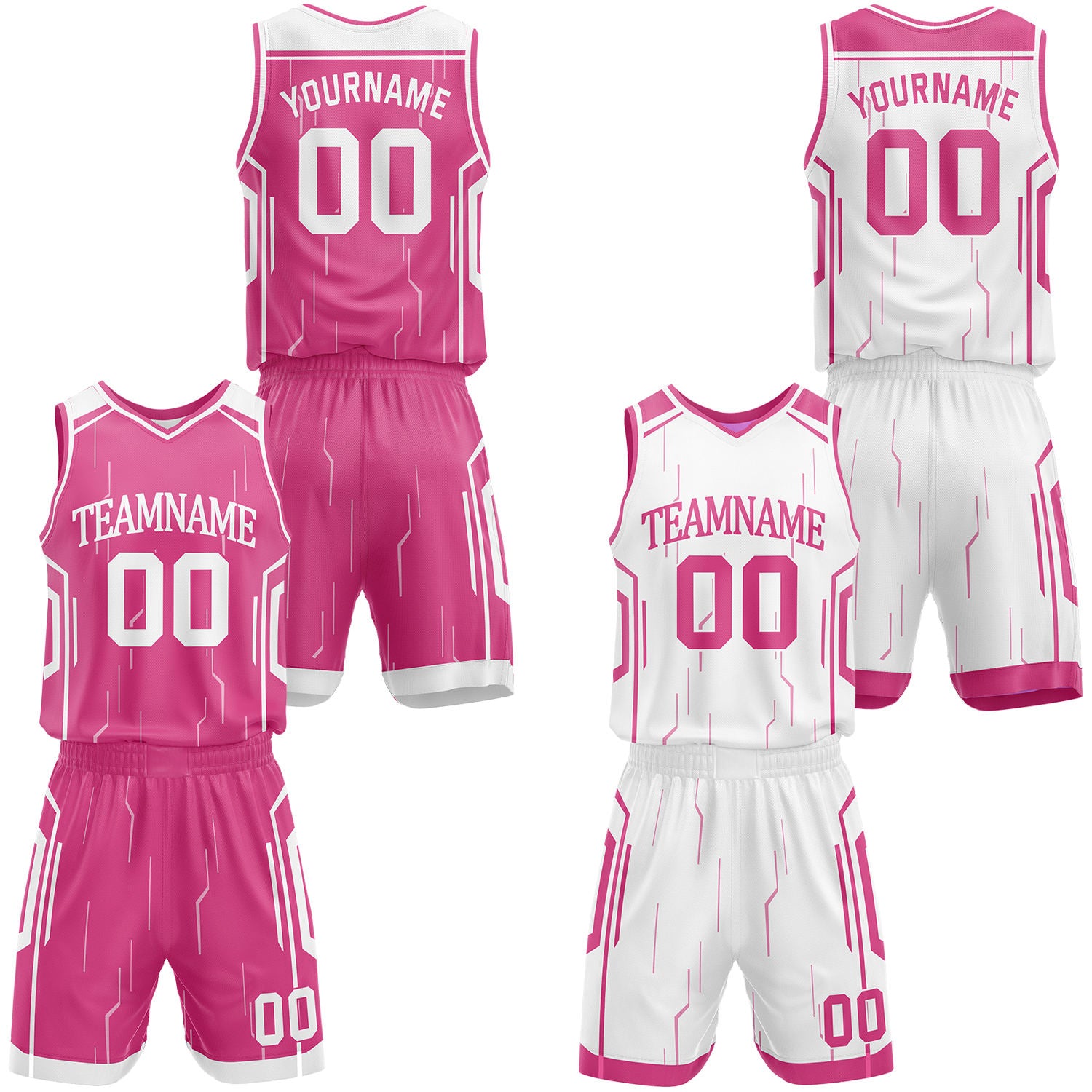Custom pink & white reversible basketball jersey shorts set by Vosoli | Personalized block team name number tech geometric uniform sportswear