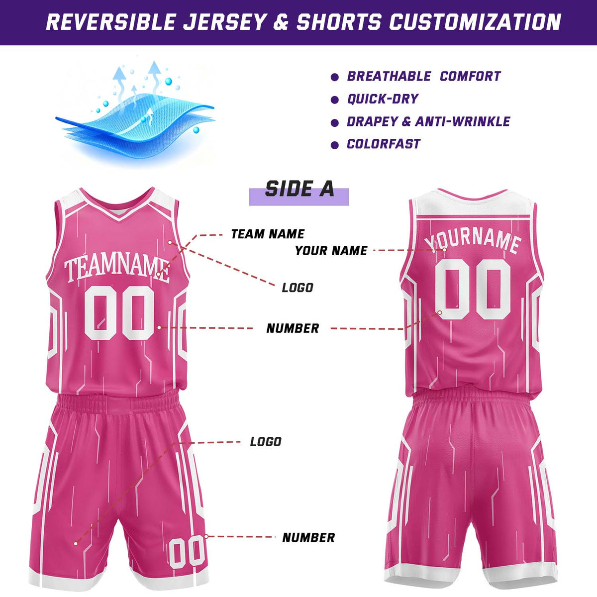 Custom Pink & White Reversible Geometric Basketball Jersey Shorts Set | Personalized Team Uniform