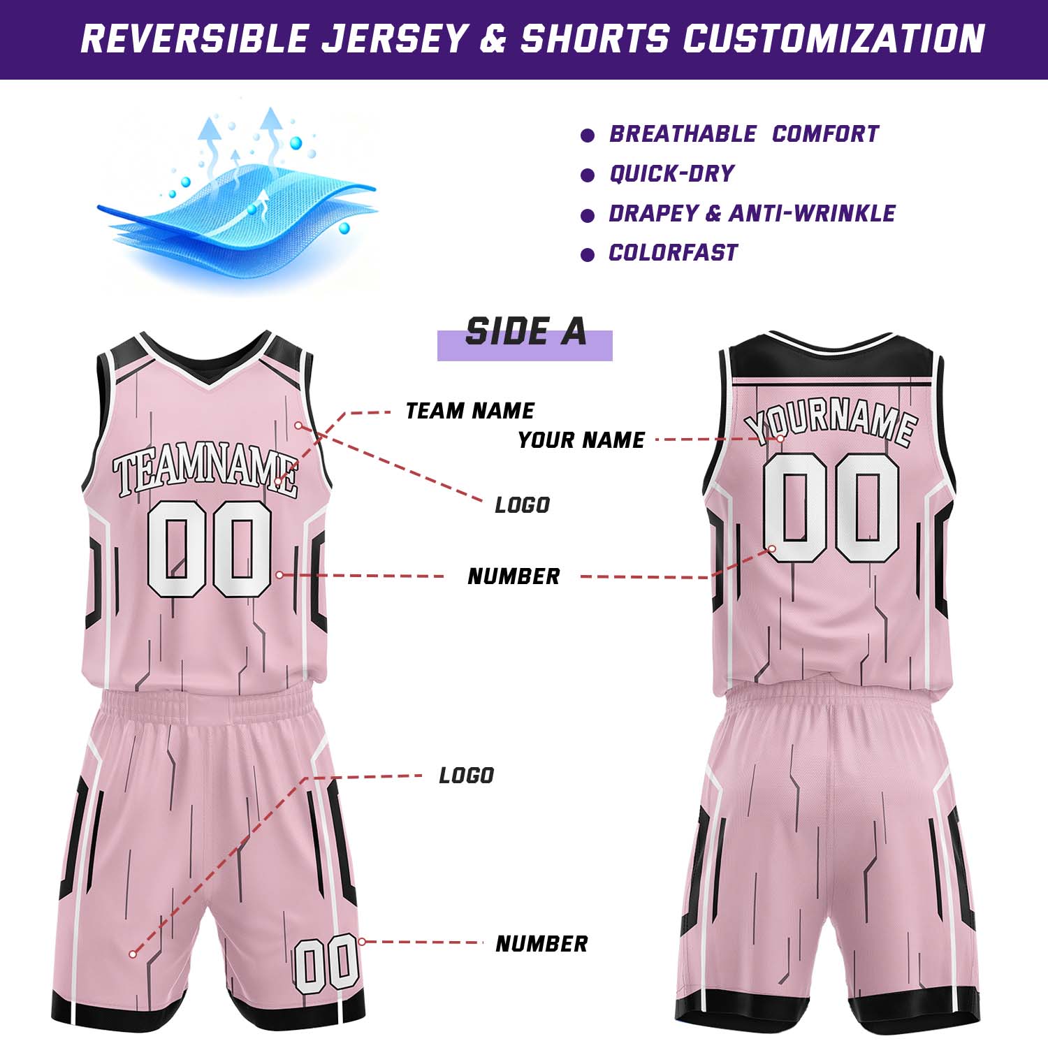 Custom Pink & White Reversible Geometric Basketball Jersey Shorts Set | Personalized Team Uniform