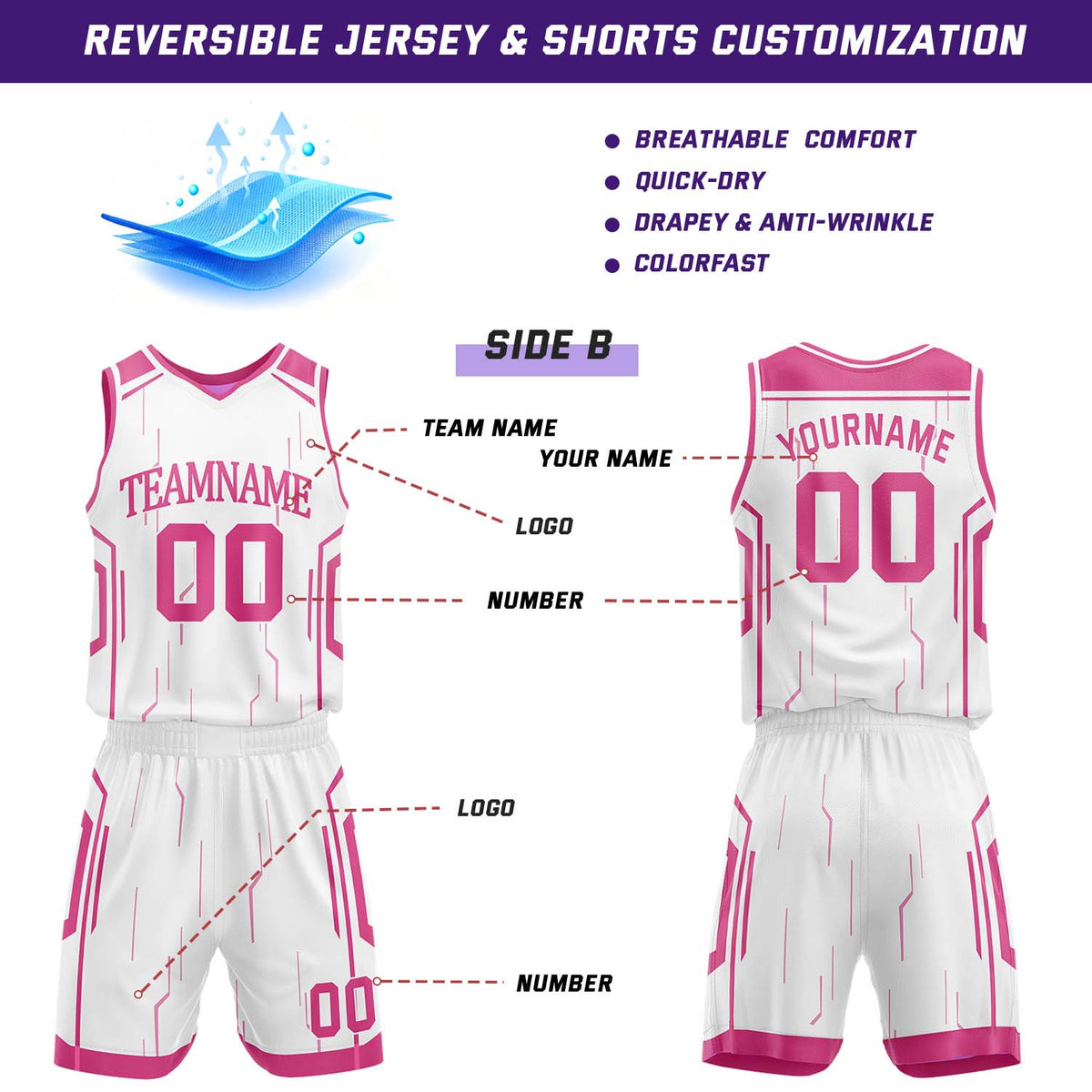 Custom Pink & White Reversible Geometric Basketball Jersey Shorts Set | Personalized Team Uniform
