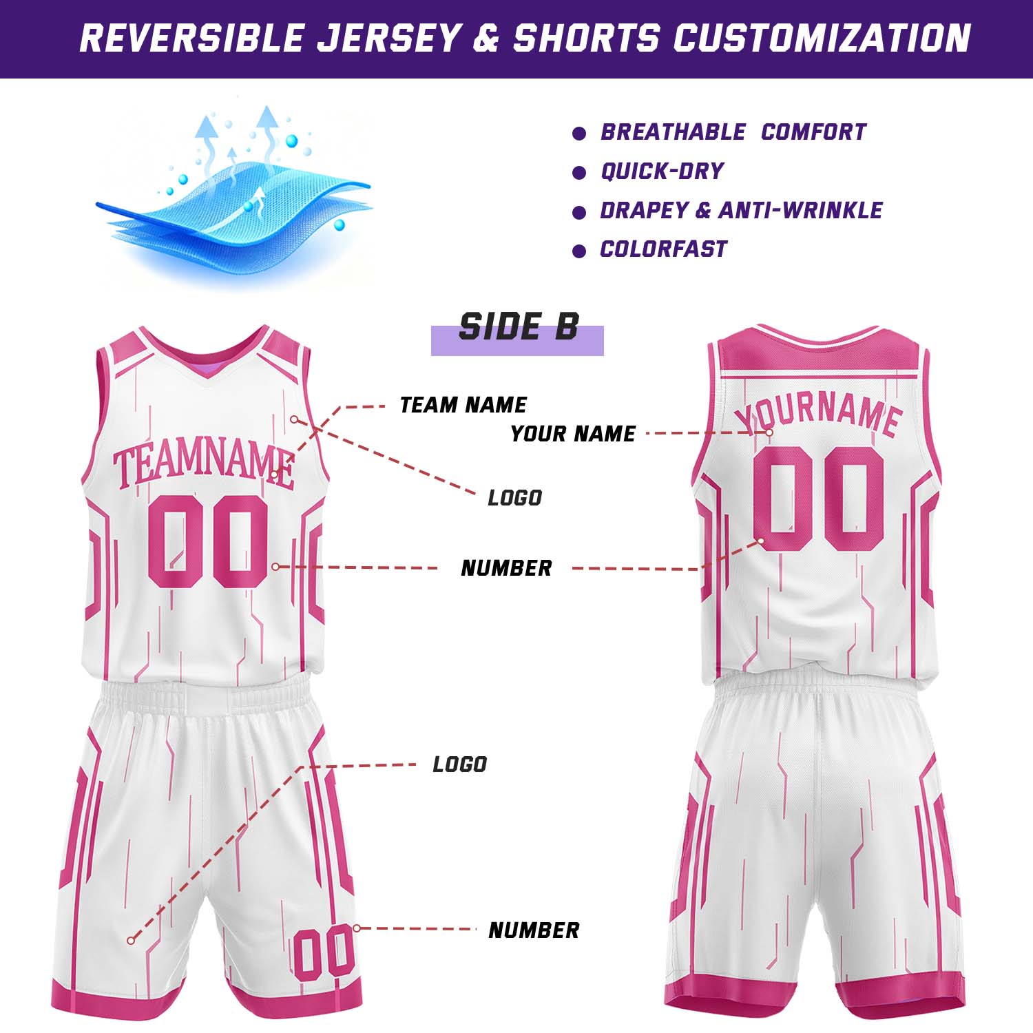 Custom Pink & White Reversible Geometric Basketball Jersey Shorts Set | Personalized Team Uniform