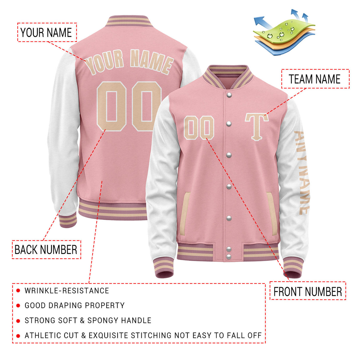 Custom Pink & White Varsity Letterman Jacket | Personalized Baseball Bomber Coat for Adult & Youth