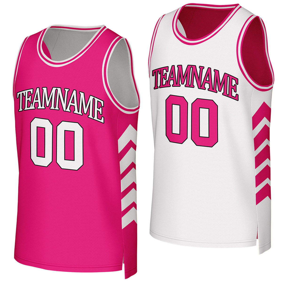 Custom pink & white reversible basketball jersey by Vosoli. Personalized with team name, player name, number, and logo on both sides. Breathable mesh 2-in-1 jersey for high school, college, AAU teams.