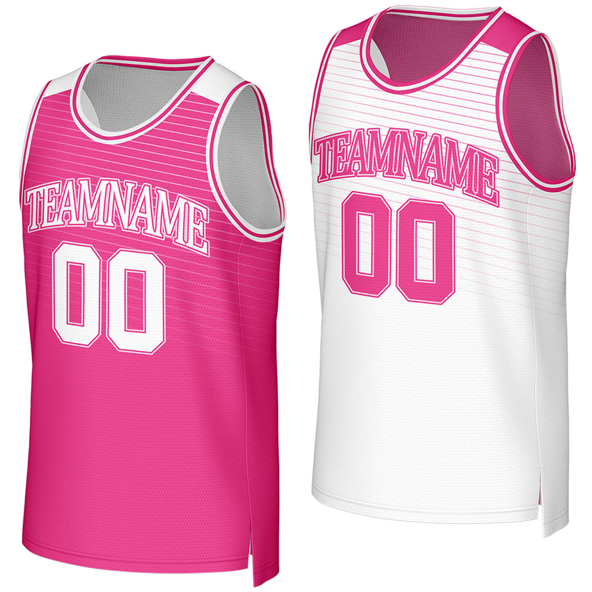 Custom pink & white reversible basketball jersey by Vosoli. Personalized with team name, player name, number, and logo on both sides. Breathable mesh 2-in-1 jersey for high school, college, AAU teams.