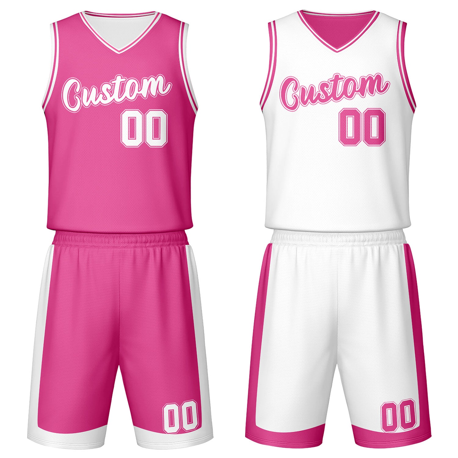 Custom pink & white reversible basketball jersey set with shorts by Vosoli | Personalized team name, number & logo | Breathable mesh sport jersey uniform