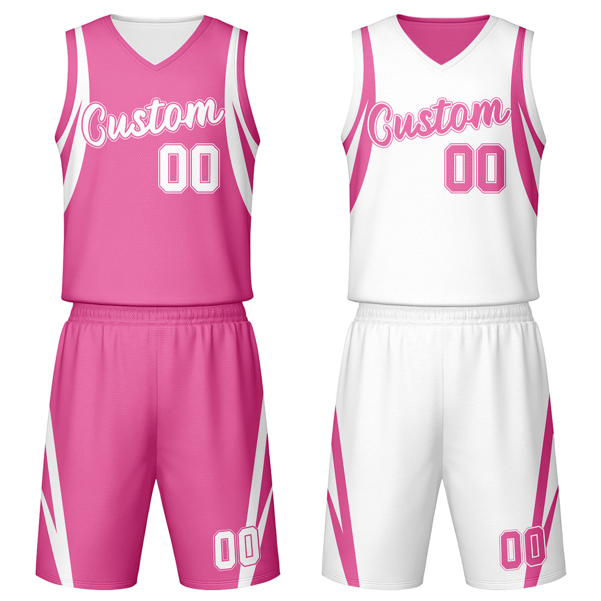 Custom pink &amp; white reversible basketball jersey set with shorts by Vosoli | Personalized team name, number &amp; logo | Breathable mesh sport jersey uniform
