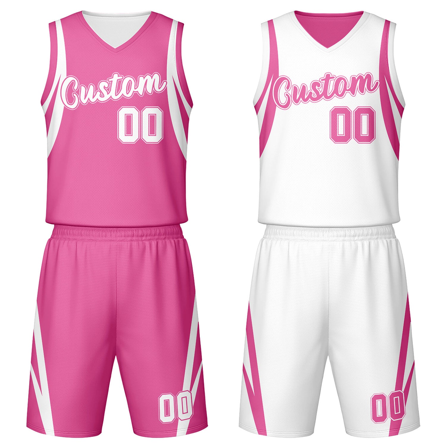 Custom pink & white reversible basketball jersey set with shorts by Vosoli | Personalized team name, number & logo | Breathable mesh sport jersey uniform