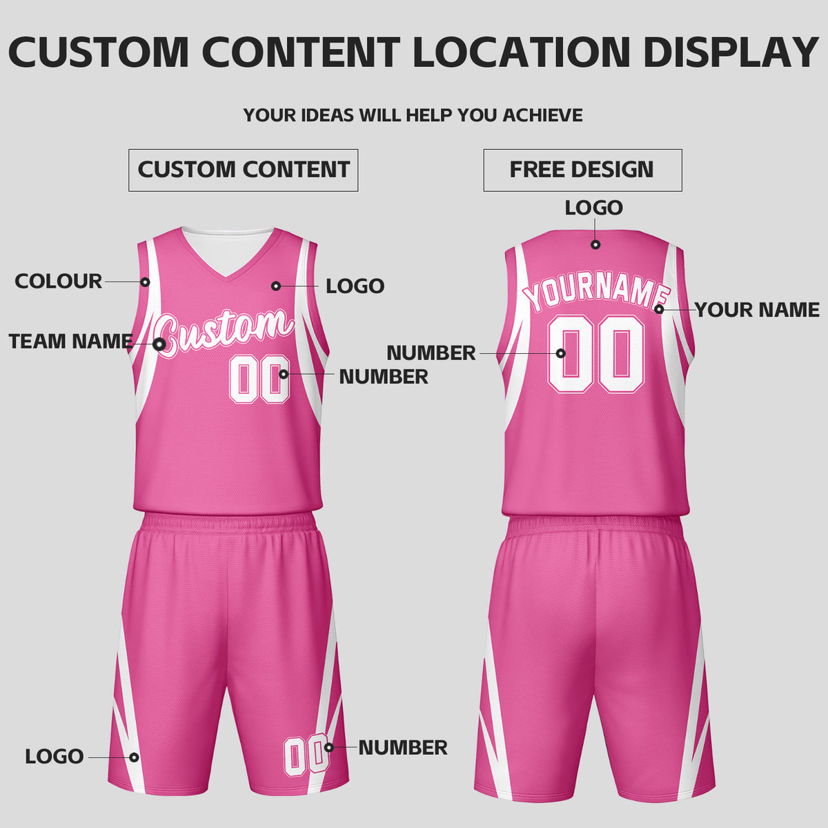 Custom Pink White Reversible Basketball Jersey Set | Personalized Name Number Mesh Sports Uniform
