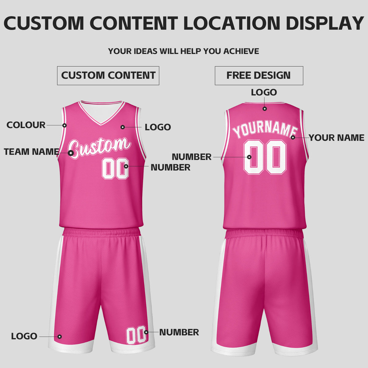 Custom Pink White Reversible Basketball Jersey Set | Personalized Name Number Mesh Sports Uniform