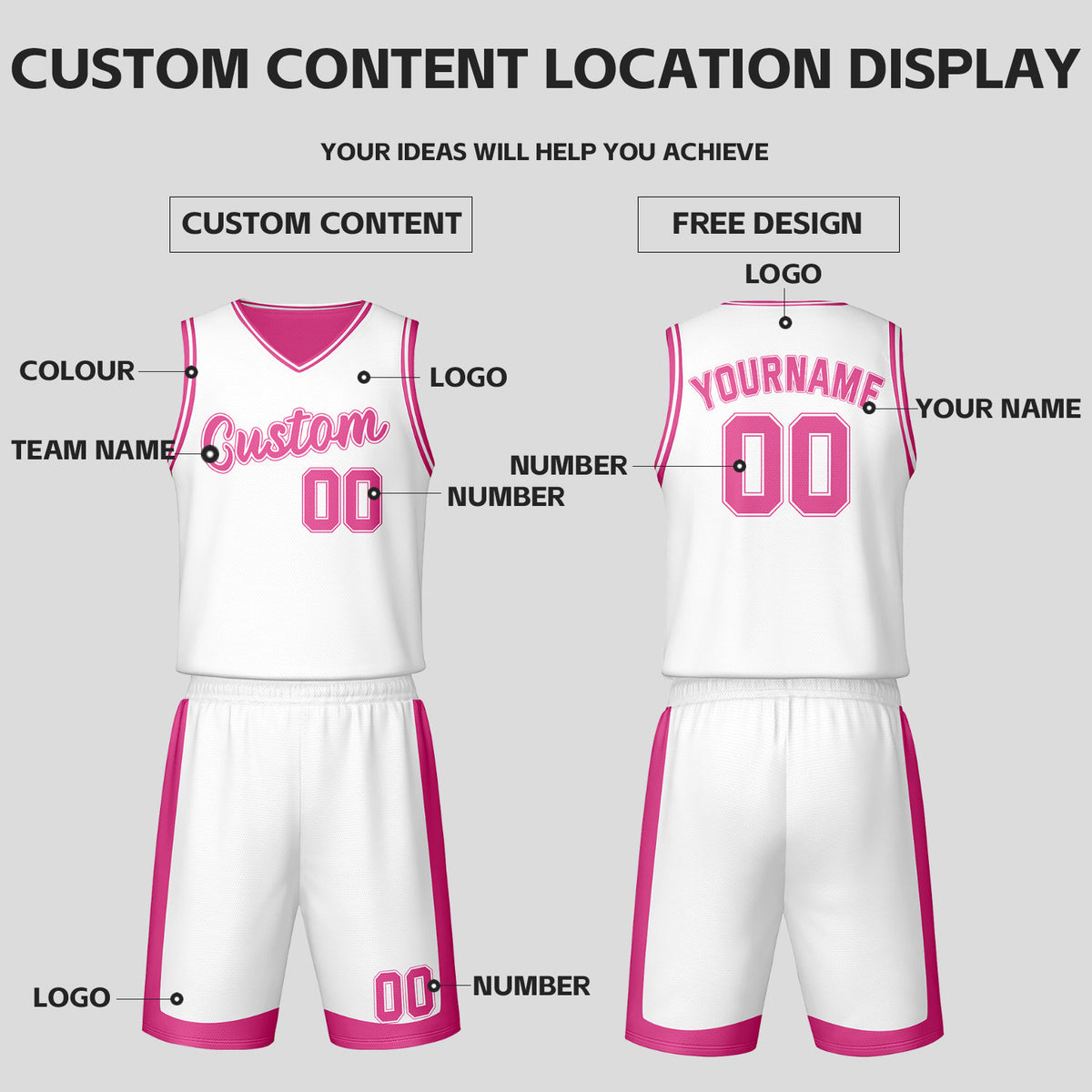 Custom Pink White Reversible Basketball Jersey Set | Personalized Name Number Mesh Sports Uniform