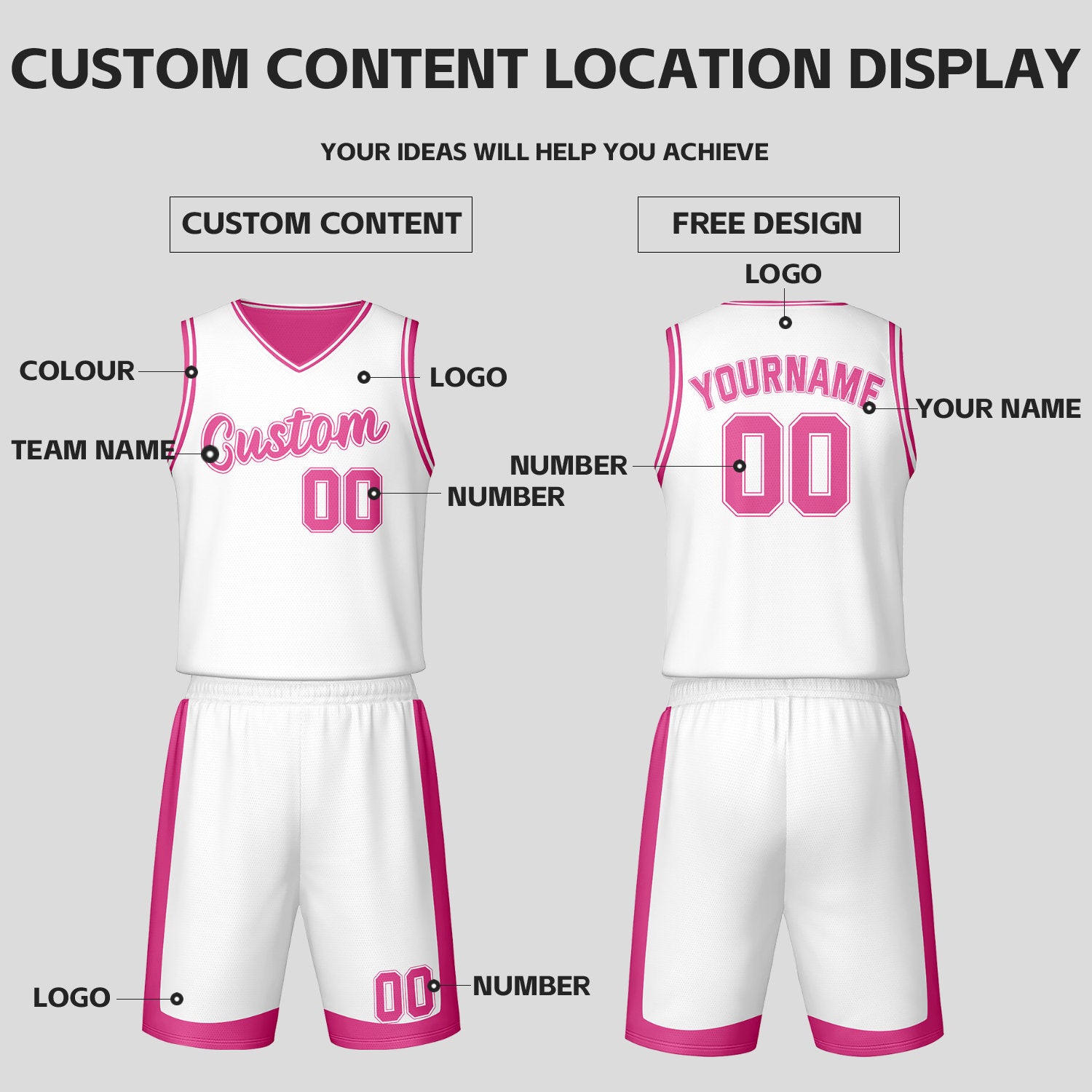 Custom Pink White Reversible Basketball Jersey Set | Personalized Name Number Mesh Sports Uniform