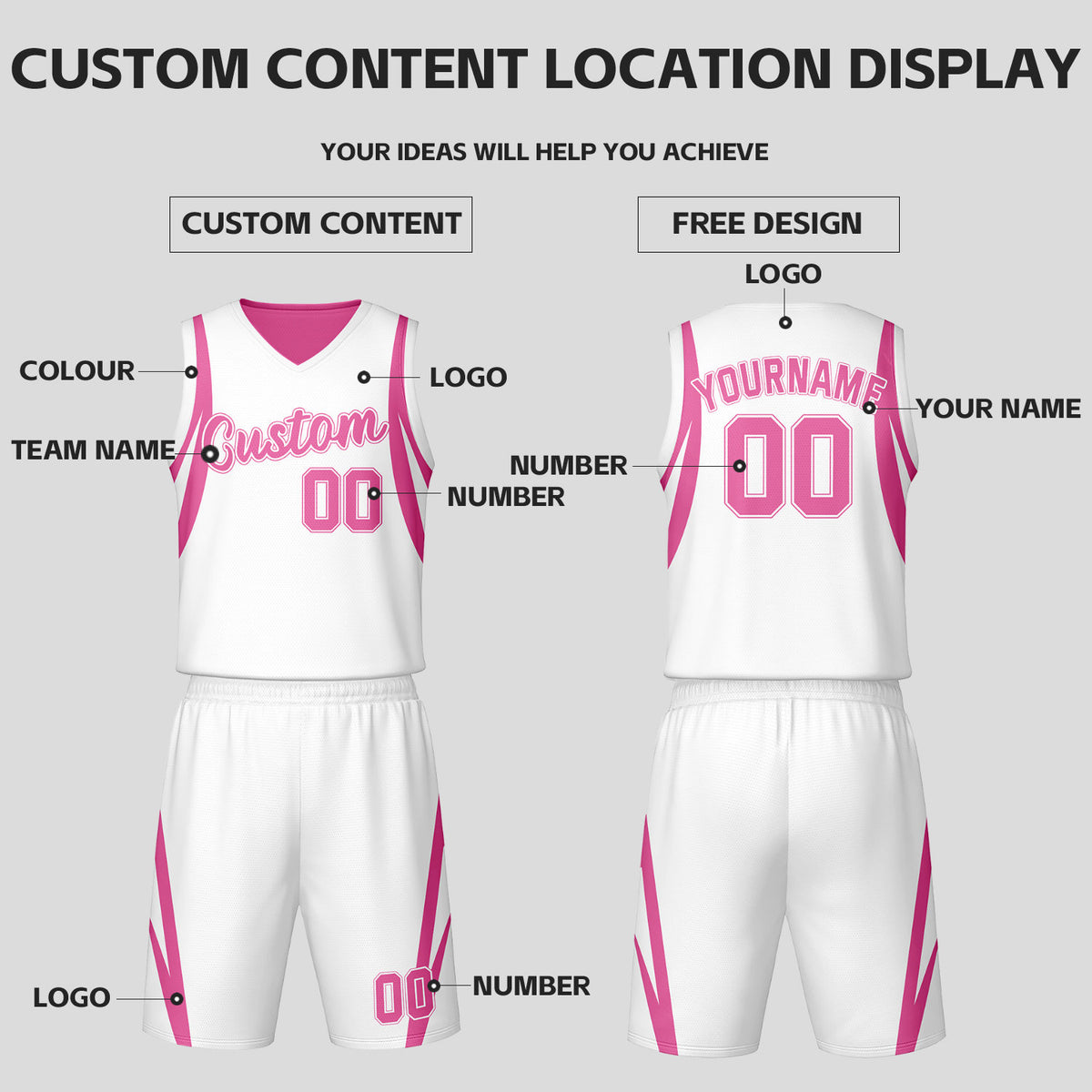 Custom Pink White Reversible Basketball Jersey Set | Personalized Name Number Mesh Sports Uniform