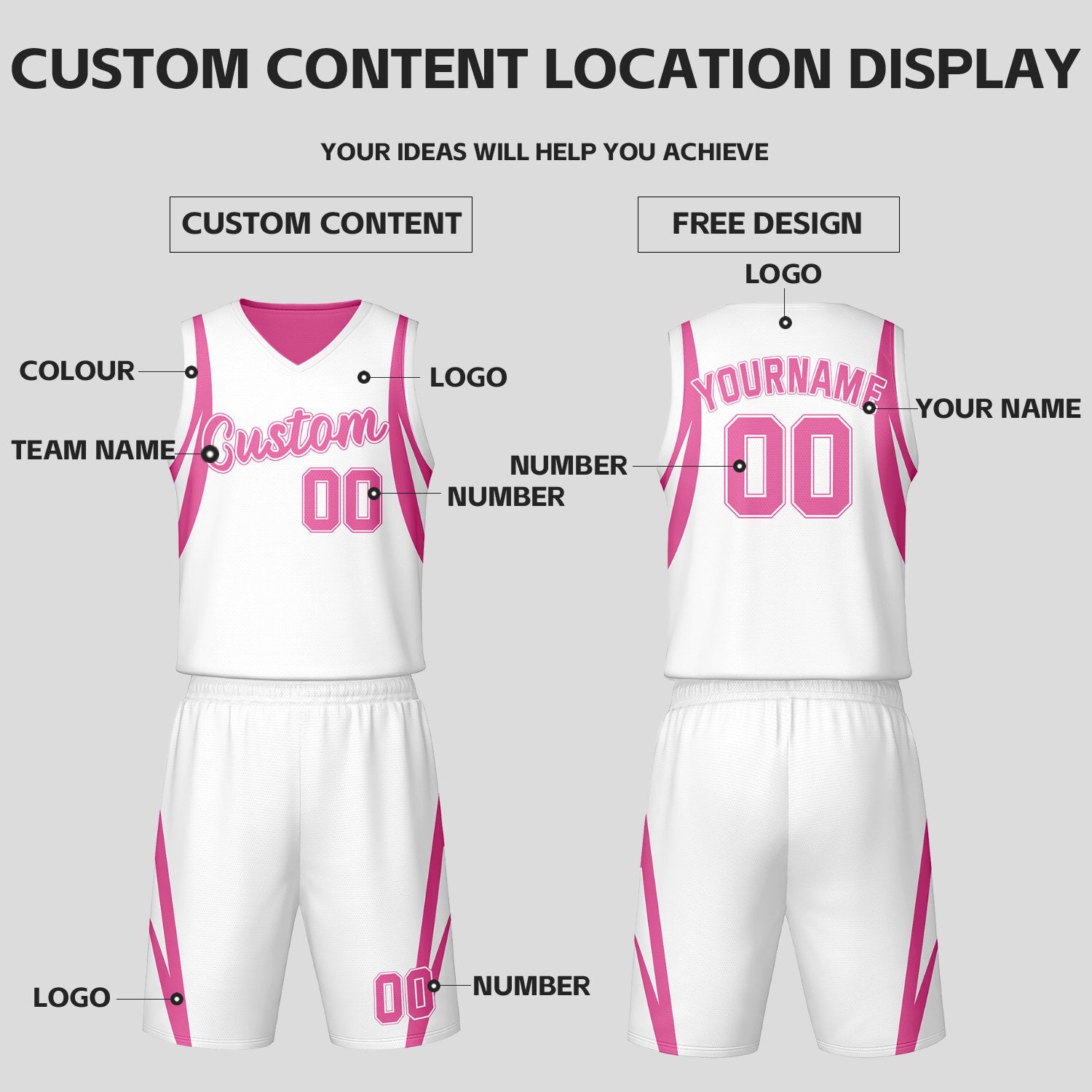 Custom Pink White Reversible Basketball Jersey Set | Personalized Name Number Mesh Sports Uniform