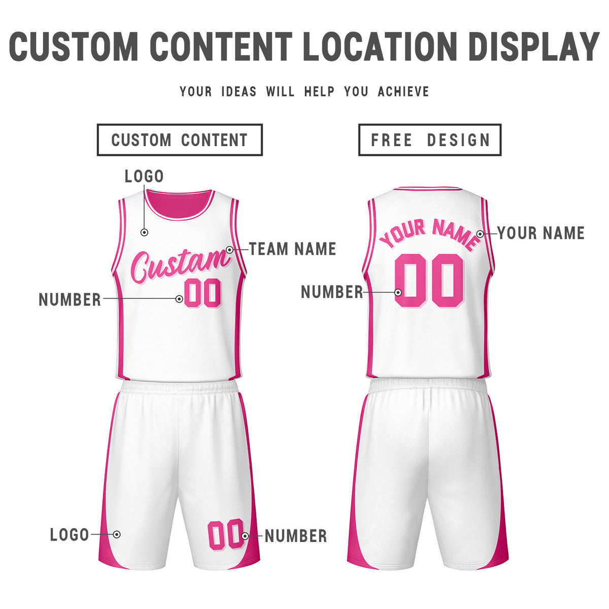 Custom Pink White Reversible Basketball Jersey Set | Personalized Name Number Mesh Sports Uniform