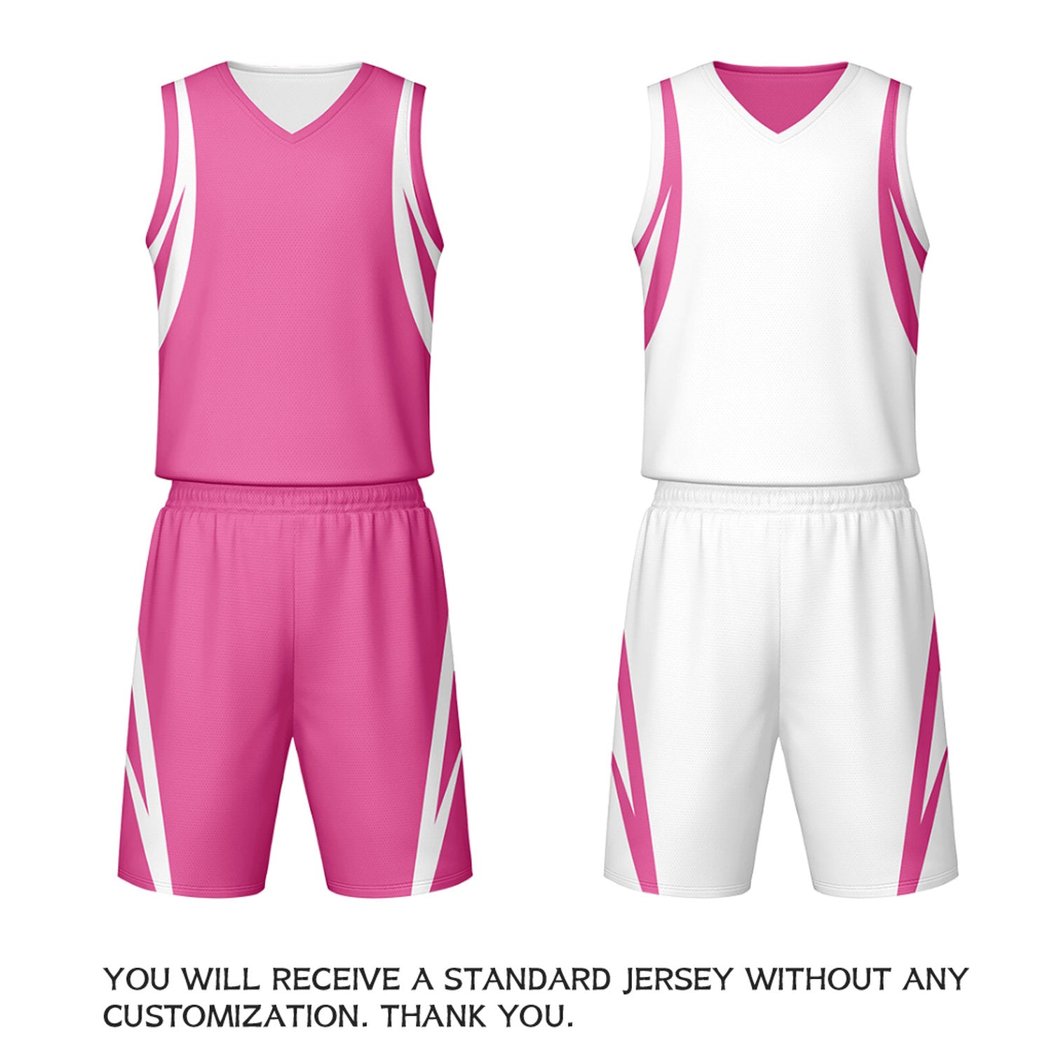 Custom pink & white reversible basketball jersey set with shorts by Vosoli | Personalized team name, number & logo | Breathable mesh sport jersey uniform