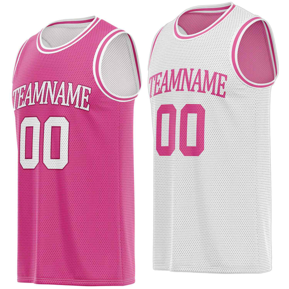 Custom pink &amp; white reversible basketball jersey, personalized team name number breathable mesh sports top with pink trim for men women youth game practice - Vosoli