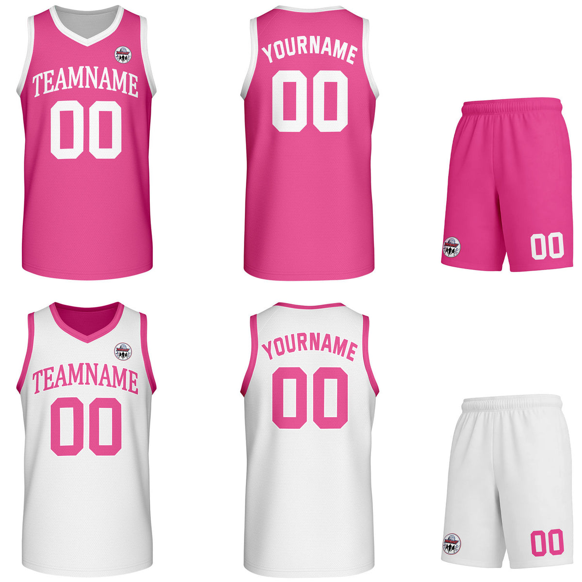 Custom pink &amp; white Reversible basketball uniform set, personalized team name number logo breathable mesh jersey and shorts men women youth game practice - Vosoli