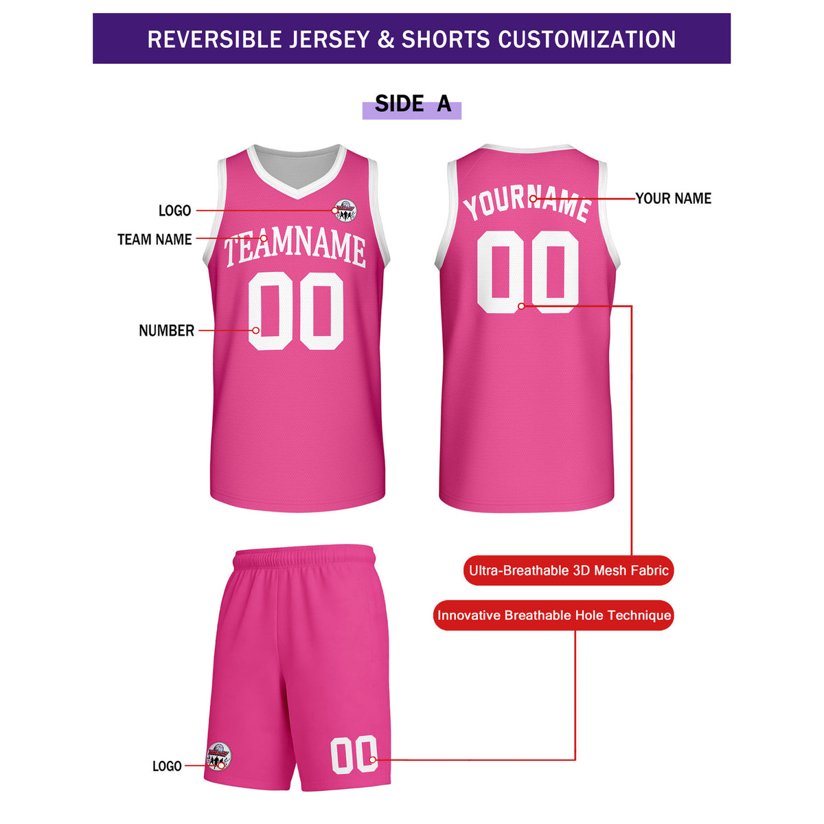 Custom Pink & White Reversible Basketball Uniform Set | Personalized Team Name & Number - Vosoli