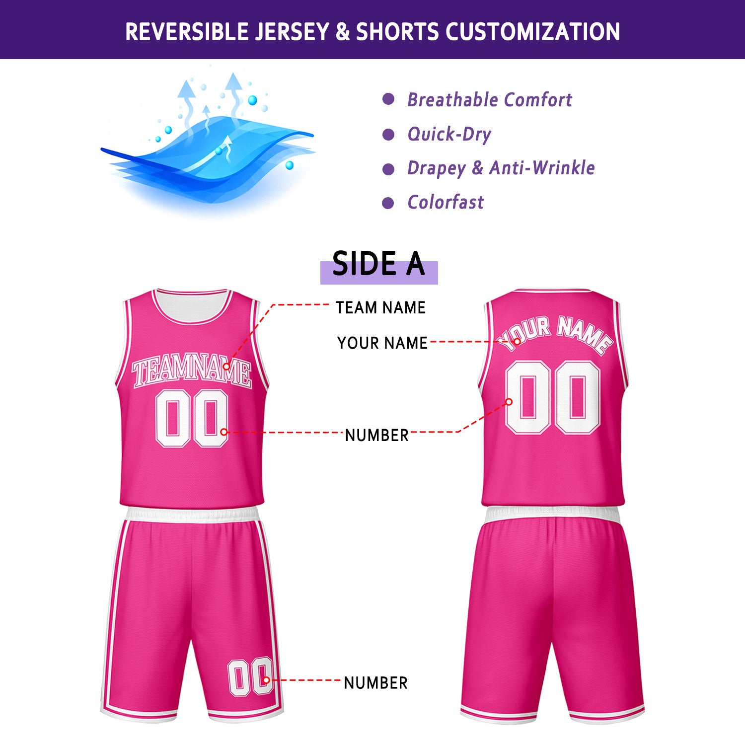 Custom Pink & White Reversible Basketball Jersey Shorts Set | Personalized Team Uniform