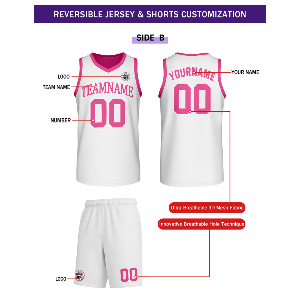 Custom Pink & White Reversible Basketball Uniform Set | Personalized Team Name & Number - Vosoli