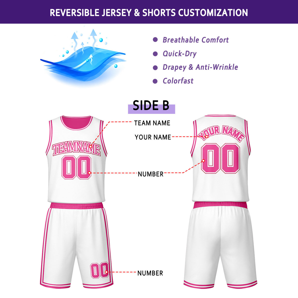 Custom Pink & White Reversible Basketball Jersey Shorts Set | Personalized Team Uniform