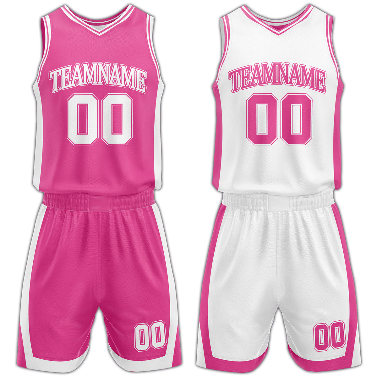 Custom pink and white reversible basketball uniform by Vosoli. Personalized with team name, number, and logo. Breathable mesh jersey and shorts for high school, college, AAU teams.