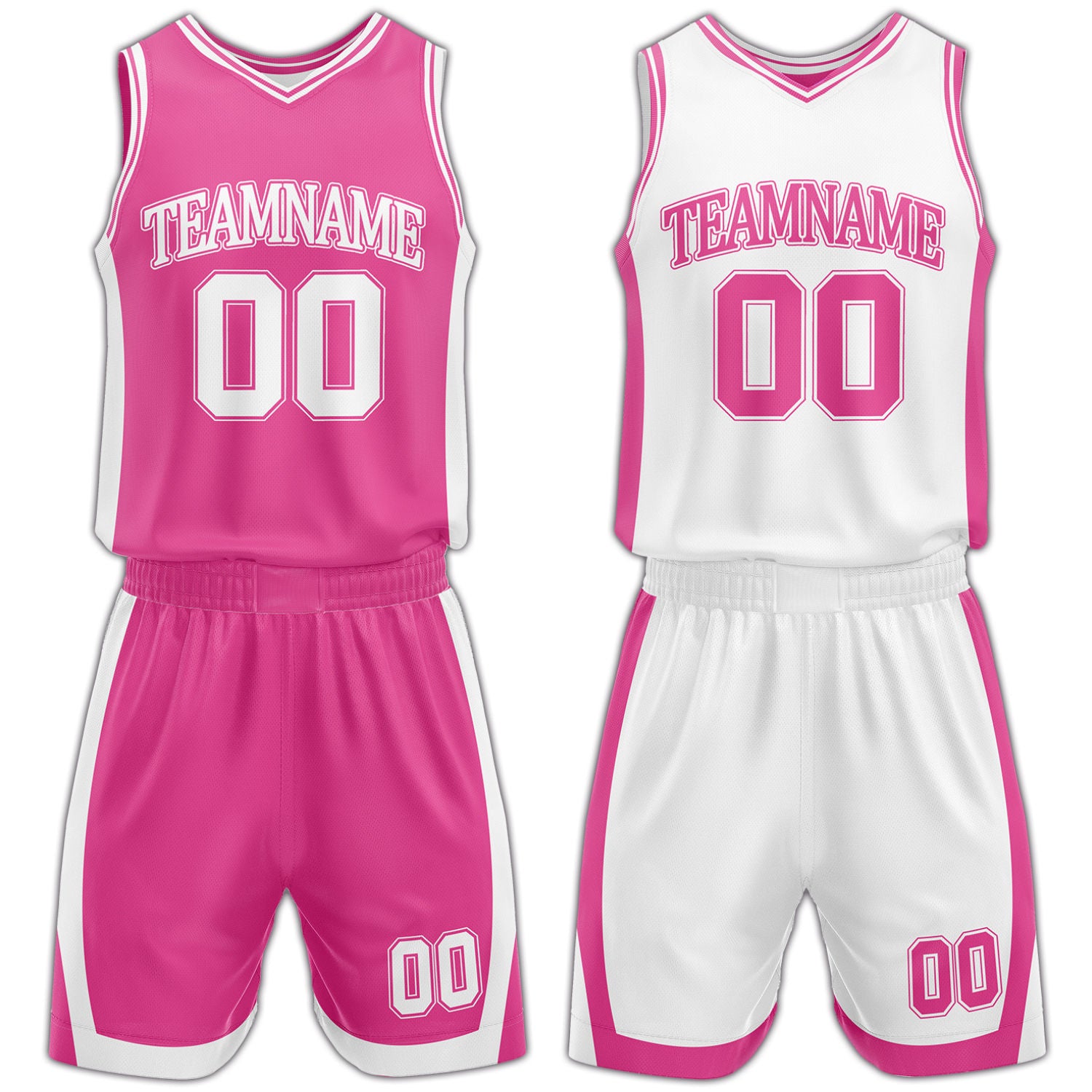 Custom pink and white reversible basketball uniform by Vosoli. Personalized with team name, number, and logo. Breathable mesh jersey and shorts for high school, college, AAU teams.